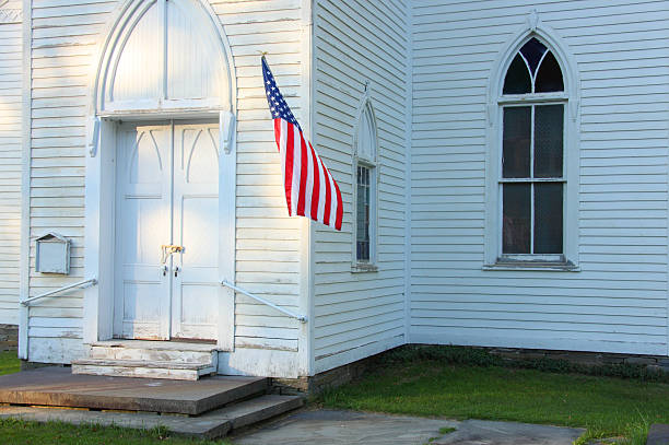 Old Church and American Flag stock photo
