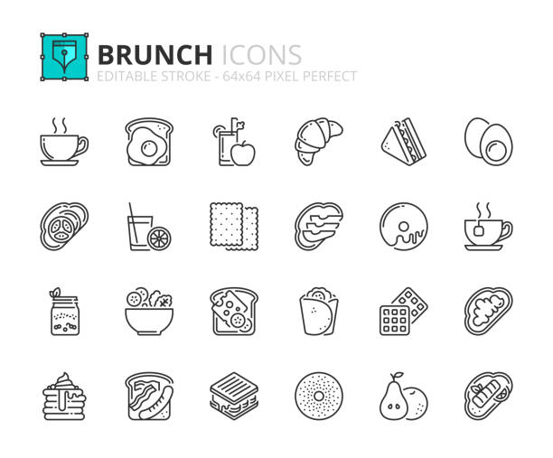 ilustrações de stock, clip art, desenhos animados e ícones de line icons about brunch. pixel perfect 64x64 and editable stroke - coffee fried egg breakfast toast