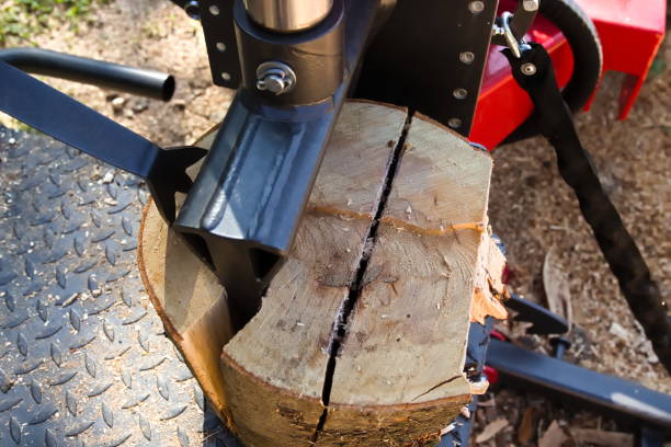 istock Chopping Firewood with a Wood Hydraulic Splitter, Close up 1729273024