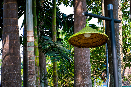 a garden lamp hanging from a garden pole.