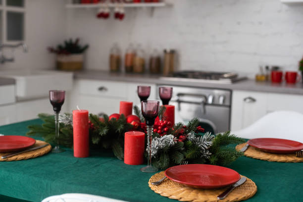 istock Interior light kitchen and red christmas decor. Preparing lunch at home on the kitchen concept 1729275468
