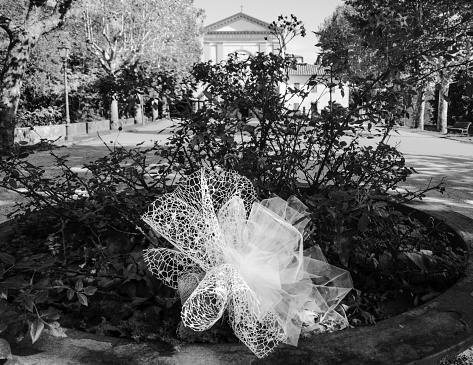 Crespina, Italy - September 14, 2023: Crespina is a small town in Tuscany, and has one Church with a beautiful square in front of it. There was a wedding, and some decorations were left behind.