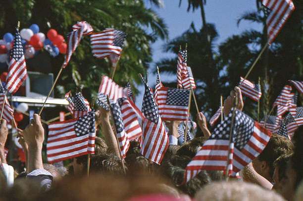 Presidential Campaign Trail Flags waving at Presidential campaign rally presidential election photos stock pictures, royalty-free photos & images