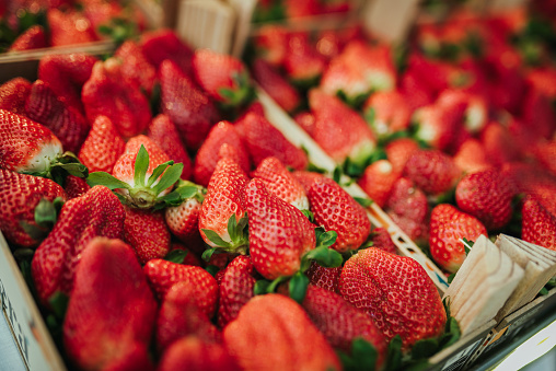 Fresh organic strawberries at the market.