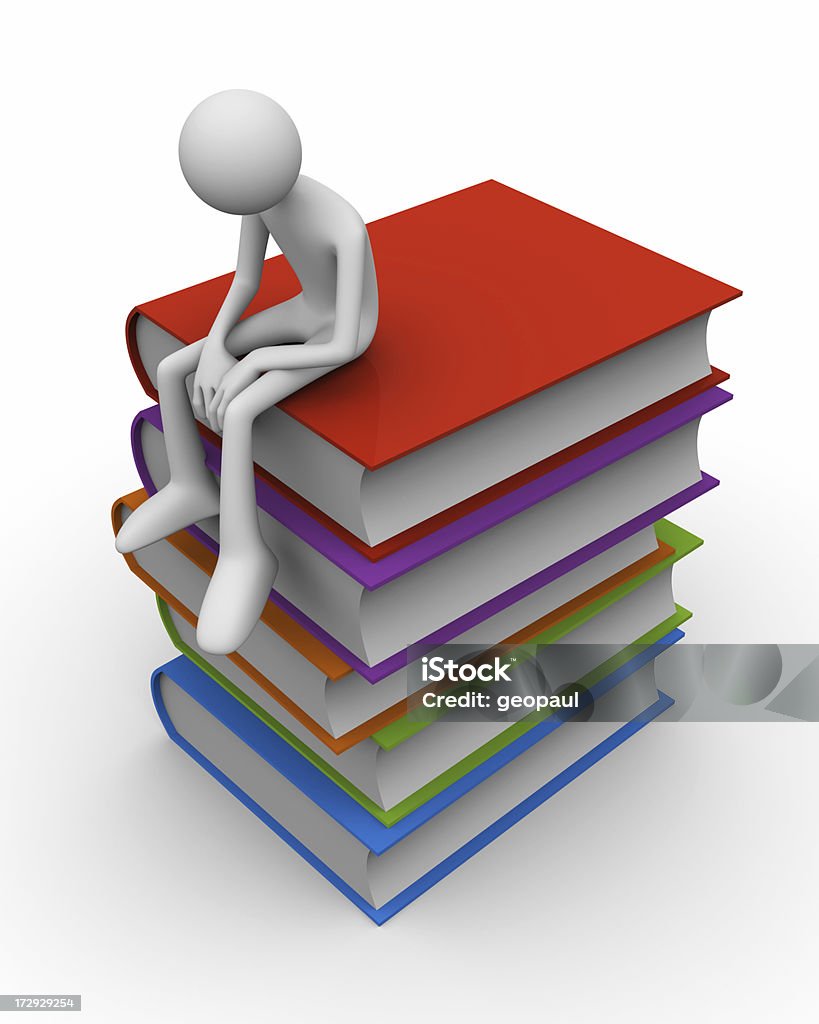 Failure in education 3d character sitting depressed on top of a stack of books. Book Stock Photo