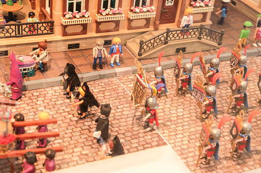 Orihuela, Alicante, Spain- April 12, 2023: Exhibition of Playmobil toys representing the Holy Week of Orihuela city at the hall of the Miguel Hernandez House Museum
