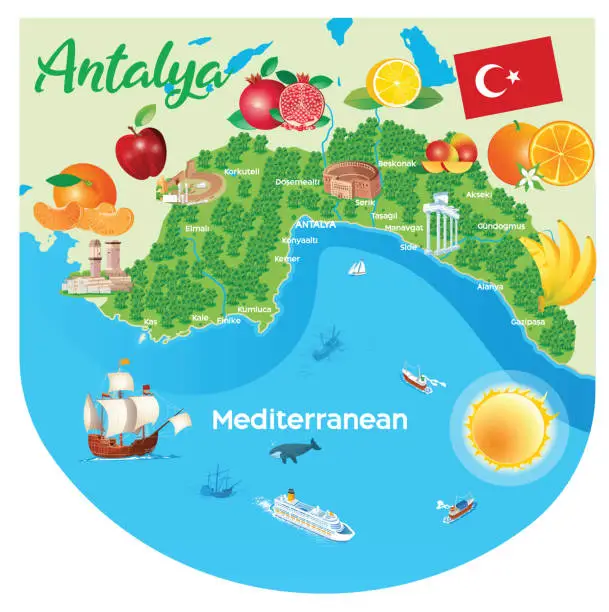 Vector illustration of Cartoon map of Antalya