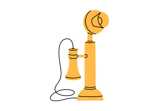 Antique wired landline phone illustration Hand drawn cute cartoon illustration of antique wired landline phone. Flat vector old candlestick telephone sticker in simple colored doodle style. Vintage call device icon or print. Isolated on white rotary dial telephone cartoons stock illustrations