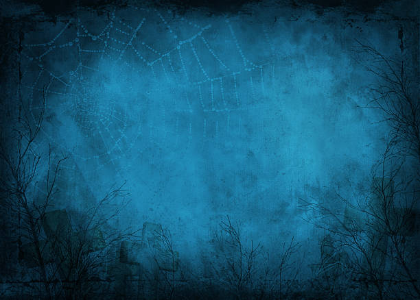 Foggy night view, of bare branches covered in spider webs Halloween background with cobweb and graveyard in blue tones spider web photos stock pictures, royalty-free photos & images
