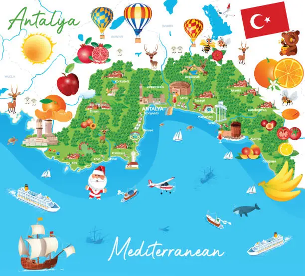 Vector illustration of Cartoon map of Antalya and Fruits