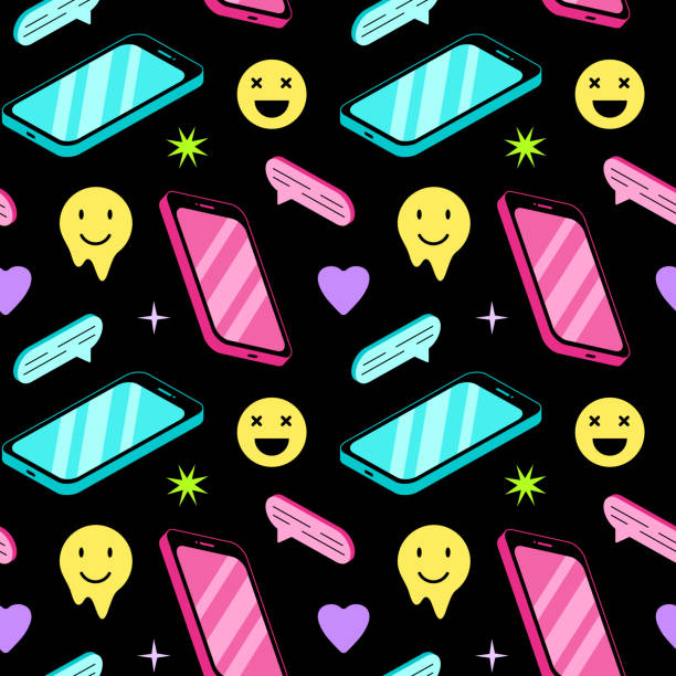 istock Seamless pattern with mobile phones. Vector illustration of modern gadgets, smiling faces and geometric shapes. Background design for trendy teenage print. 1729303876