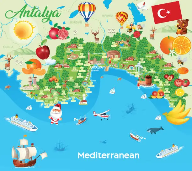 Vector illustration of Cartoon map of Antalya and Ancient Cities