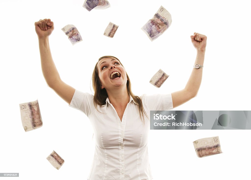 Winner Young femae with cash falling around 20-29 Years Stock Photo