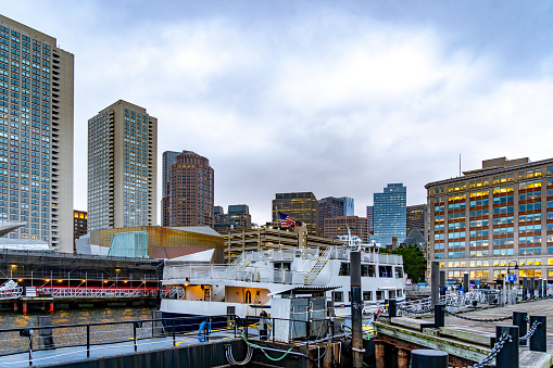 View of downtown Boston buildings and skyline over Mystic River in Massachusetts