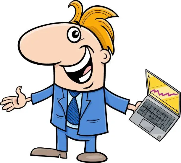 Vector illustration of cartoon happy businessman in suit with laptop