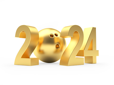 Number 2024 with golden bowling ball. 3D illustration