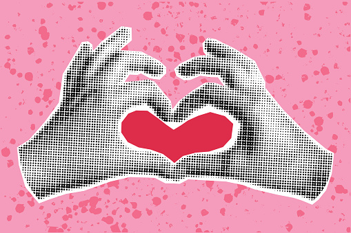 Halftone collage banner, hands making heart gesture on pink textured background. Cute pop art banner, red love symbol with palms.