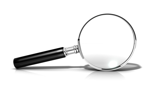Magnifying glass lying on its side, isolated on White semi reflective background with shadow. Clean computer generated element great for web Internet sites.
