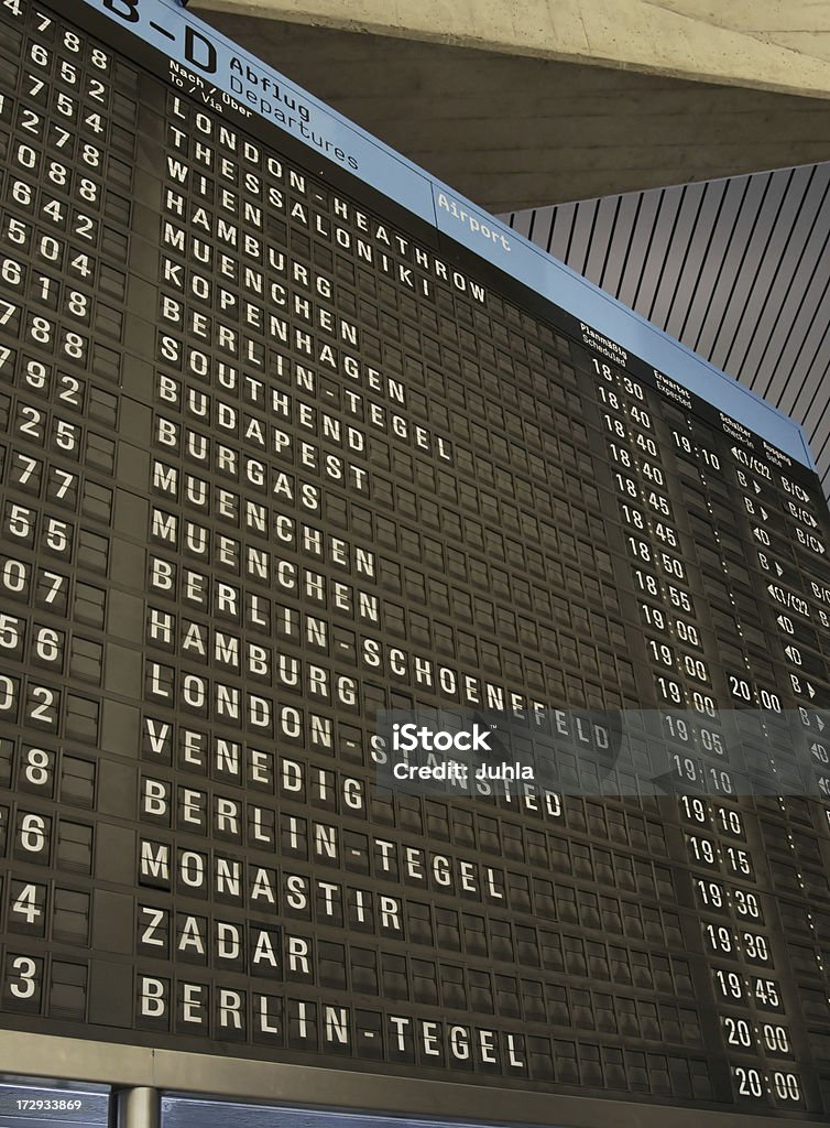 Departure board European flight information board Airport Stock Photo