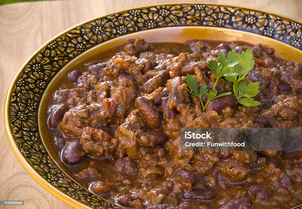 Bol à soupe aux haricots Piment avec de la viande de bœuf pour le dîner, d'un repas fait maison - Photo de Chilli con carne libre de droits