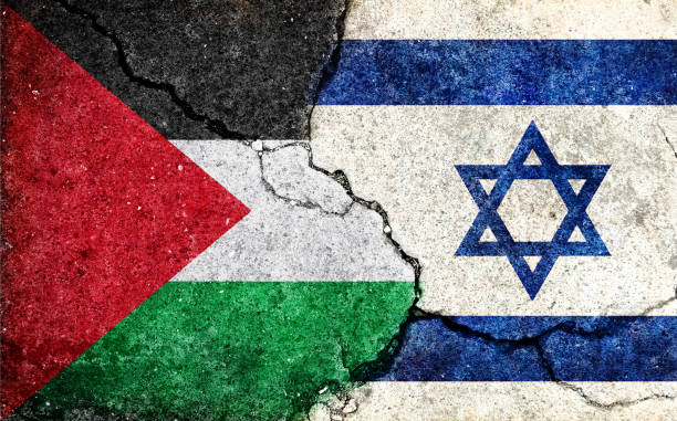 istock Israel vs Palestine  (War crisis , Political  conflict). Grunge country flag illustration (cracked concrete background) 1729351203