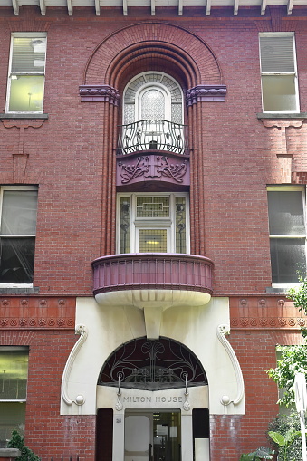 Melbourne, Australia-October 25, 2018: The three-storey, AD 1901 erected, red brick heritage Milton House on Flinders lane is a former private hospital in Georgian style with Art Nouveau ornation.
