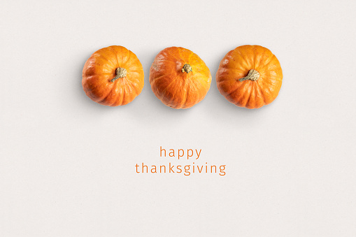 Thanksgiving card: Three pumpkins on a paper backgroujnd with the text \