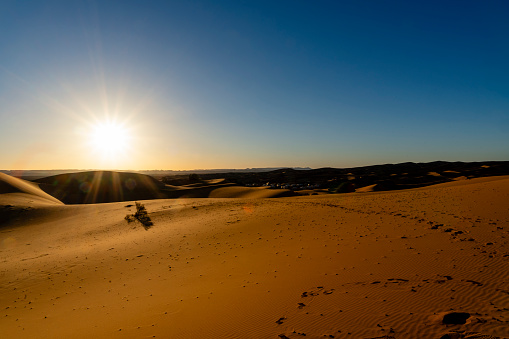 Golden hour in Western Sahara Desert, Morocco. Dark and light patterns created on the desert dunes.