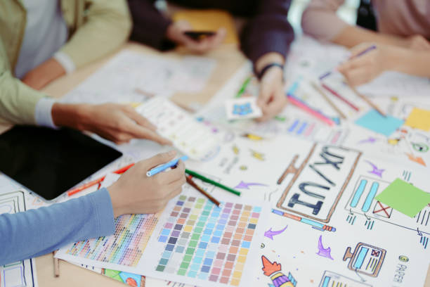 istock Team of Creative Web, Graphic Designer planning for mobile phone, drawing website ux ui app for mobile phone application and development template layout, process to developing prototype wireframe. 1729359020