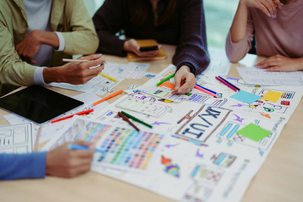 istock Team of Creative Web, Graphic Designer planning for mobile phone, drawing website ux ui app for mobile phone application and development template layout, process to developing prototype wireframe. 1729362007