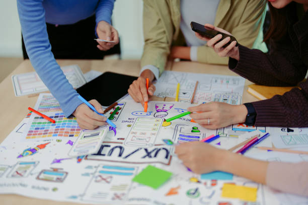 istock Team of Creative Web, Graphic Designer planning for mobile phone, drawing website ux ui app for mobile phone application and development template layout, process to developing prototype wireframe. 1729362536