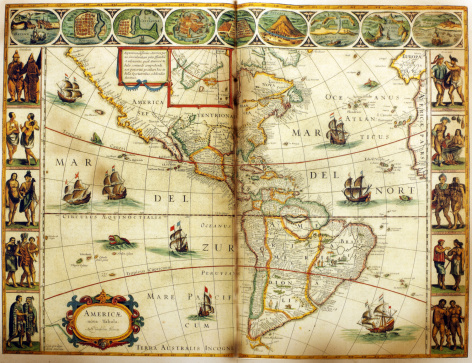 Antique map of America. Published by the Dutch cartographer Willem Blaeu in Atlas Novus (Amsterdam 1635). Photo by N. Staykov (2007)