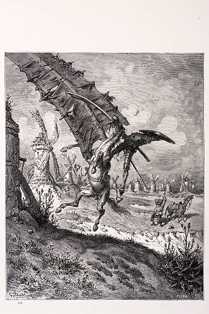 Adventure with the windmills "Adventure with the windmills, a scene from Don Quixote. Engraving from 1870. Engraving by Gustave Dore, Photo by D Walker." don quixote stock illustrations