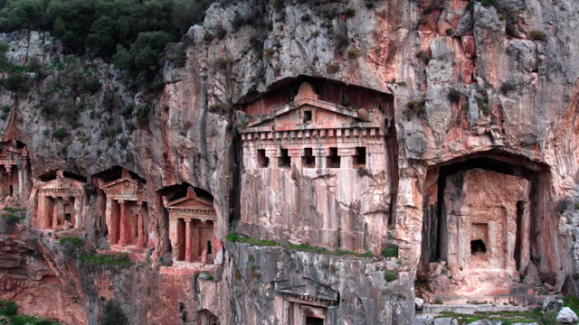 Aerial drone view of Lycian tombs of kings in ancient city of Kaunos in Dalyan valley in Turkey