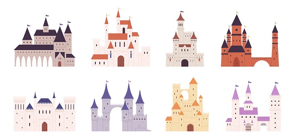 Cartoon fantasy castles exterior. Medieval castle and towers, stone fortresses. Fairytale architecture, gothic fortified buildings racy vector set of fantasy medieval building illustration