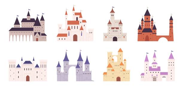 Cartoon fantasy castles exterior. Medieval castle and towers, stone fortresses. Fairytale architecture, gothic fortified buildings racy vector set Cartoon fantasy castles exterior. Medieval castle and towers, stone fortresses. Fairytale architecture, gothic fortified buildings racy vector set of fantasy medieval building illustration castle stock illustrations