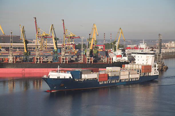 Cargo ship Harbour of St Petersburg an early may morning level luffing crane stock pictures, royalty-free photos & images