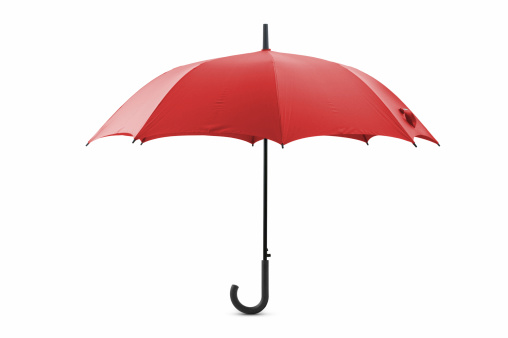 Red umbrella isolated on purple background. Invesment, business, summer concept