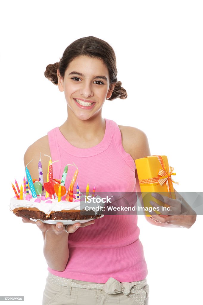 Fifteen's birthday smiling teen with cake and gift 14-15 Years Stock Photo