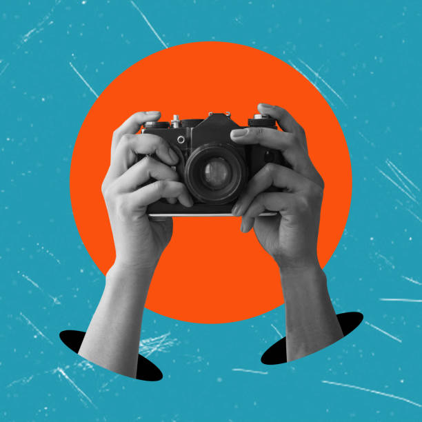 istock Digital collage with female hands holding a vintage film camera. 1729400385