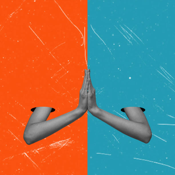 istock Modern Artistic Collage, Women's Palms in Lotus Pose. 1729400390