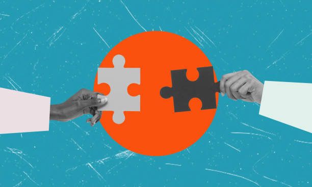 istock Contemporary Art Collage. Female hands assembling puzzles symbolizing ideas and teamwork. 1729401971