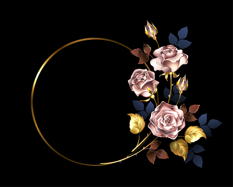 Round gold frame with artistically painted, shiny, jewelry roses made of pink gold decorated with blue leaves on black background. Pink gold rose.