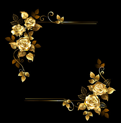 Rectangular composition of artistically drawn, jewelry, precious, sparkling gold roses. Golden Rose.
