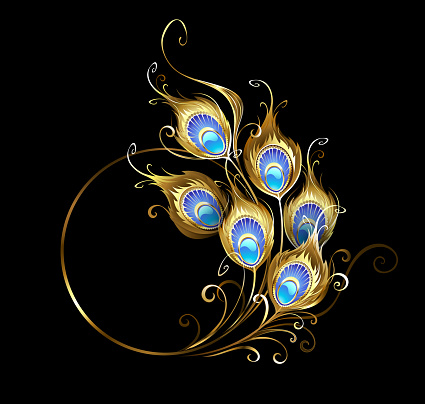 Round, golden monogram, ornate, shiny, jeweled, golden peacock feathers on black background. Golden peacock feather.