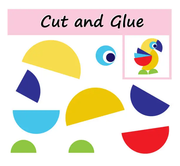 Vector illustration of Educational paper game for kids. Cut parts of the image and glue on the paper. Cartoon parrot.