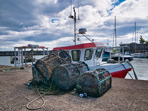 Lobster traps at idyllic marina. Gothenburg southern archipelago.
