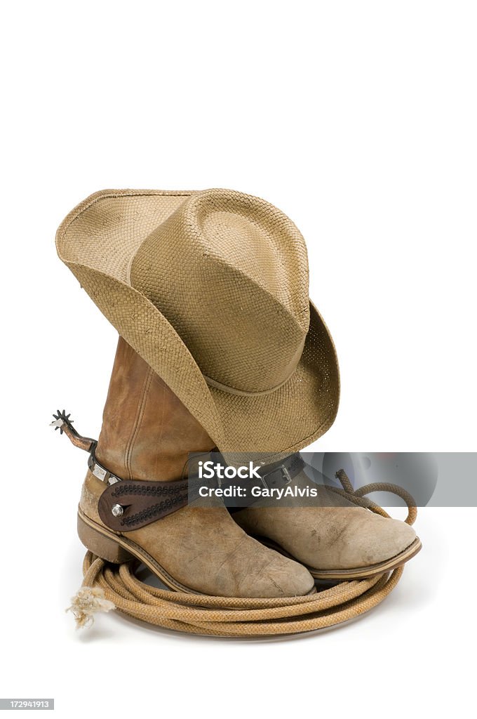 Stivali da Cowboy, cappello, spurs & lazo isolato su bianco - Foto stock royalty-free di Cappello da cowboy