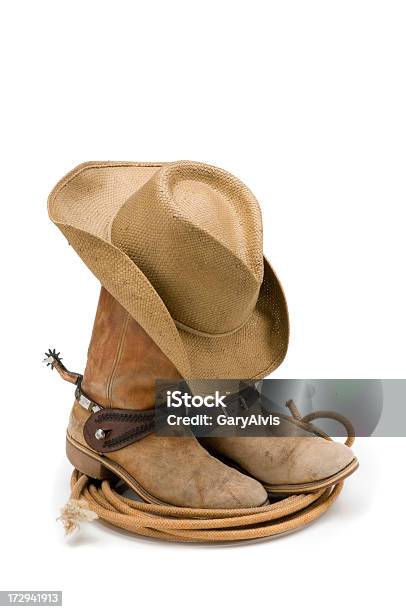 Stivali Da Cowboy Cappello Spurs Lazo Isolato Su Bianco - Fotografie stock e altre immagini di Cappello da cowboy