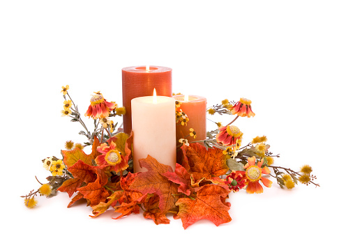 Beautiful autumn floral arrangement and candles on white.TO SEE MY.....NEW AUTUMN 2008 IMAGES CLICK ON THE IMAGE: